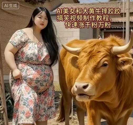 AI美女和大黄牛摔跤搞笑荒诞视频制作教程，快速涨千粉万粉-韬哥副业项目资源网