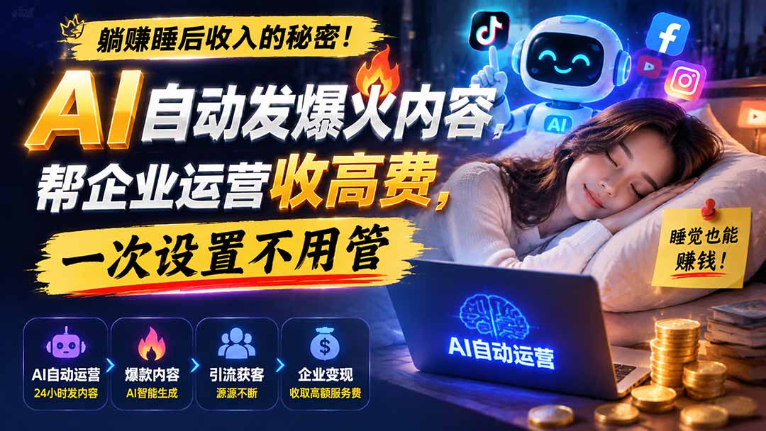 躺赚睡后收入的秘密！AI 自动发爆火内容，帮企业运营收高费，一次设置不用管【原创双语字幕】-韬哥副业项目资源网