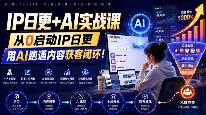 IP日更+AI实战课，从0启动IP日更，IP置顶视频制作+100条选题库搭建+10条日更规划，用AI跑通内容获客闭环!-韬哥副业项目资源网