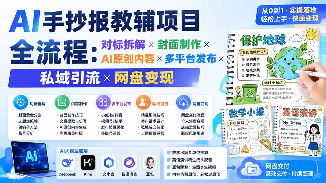 AI手抄报教辅项目全流程：对标拆解×封面制作×AI原创内容×多平台发布×私域引流×网盘变现-韬哥副业项目资源网