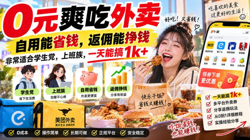 0元爽吃外卖，自用能省钱，返佣能挣钱，非常适合学生党，上班族，一天能搞1k+-韬哥副业项目资源网