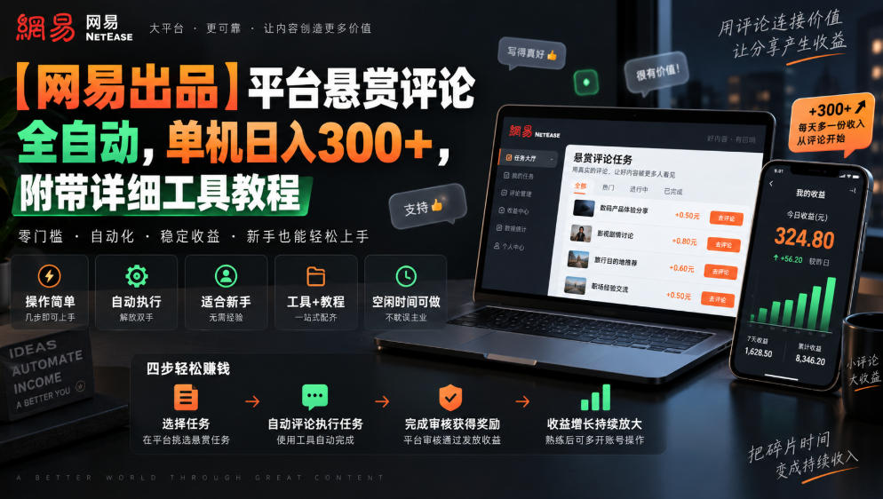 【网易出品】平台悬赏评论全自动,单机日入300+,附带详细工具教程【揭秘】-韬哥副业项目资源网