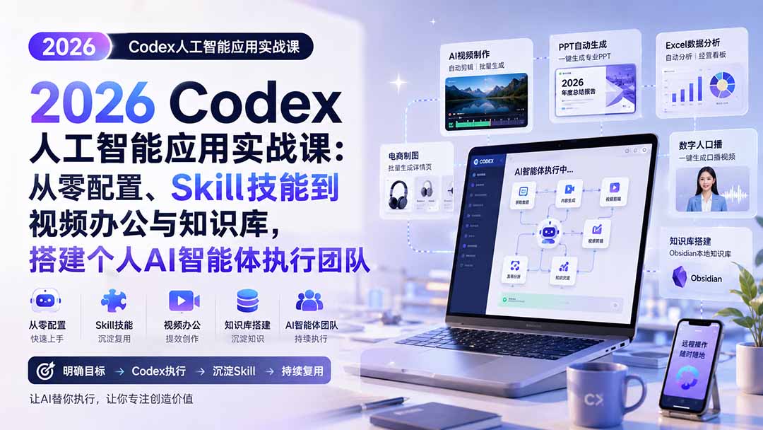 2026 Codex人工智能应用实战课：从零配置、Skill技能到视频办公与知识库，搭建个人AI智能体执行团队-韬哥副业项目资源网