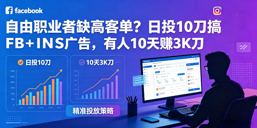 自由职业者缺高客单？日投10刀搞FB+INS广告，有人10天赚3K刀！【原创双语字幕】-韬哥副业项目资源网
