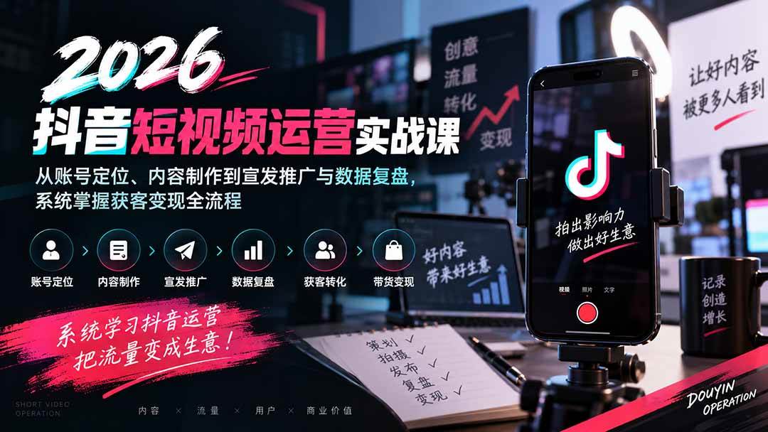 （20406期）2026抖音短视频运营实战课：从账号定位、内容制作到宣发推广与数据复盘，系统掌握获客变现全流程