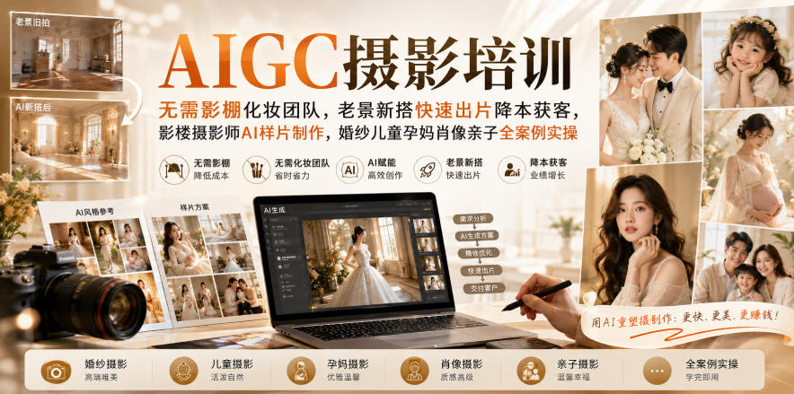 AIGC摄影培训｜无需影棚化妆团队，老景新搭快速出片降本获客，影楼摄影师AI样片制作，婚纱儿童孕妈肖像亲子全案例实操-韬哥副业项目资源网