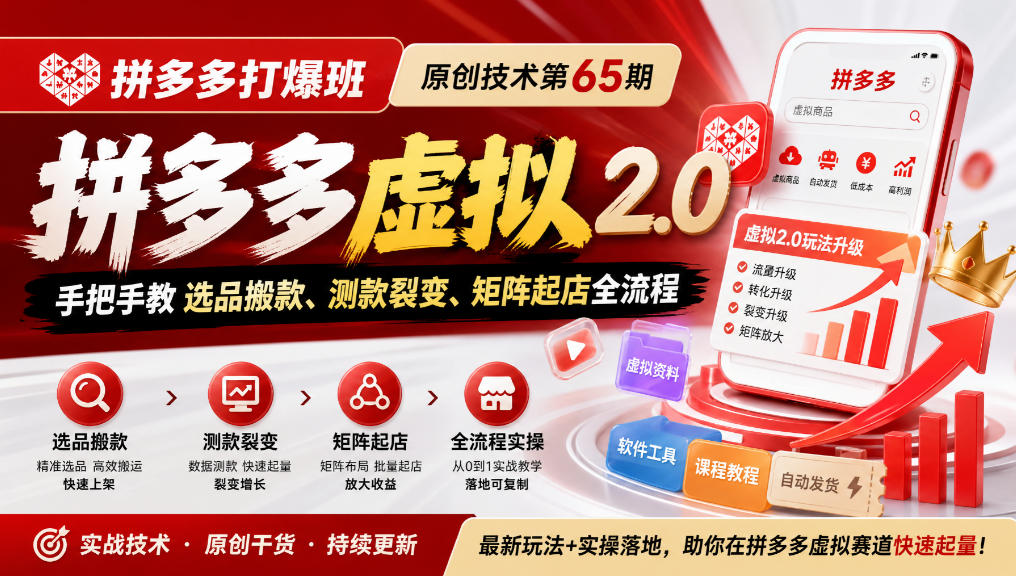 《拼多多打爆班》原创技术第65期，拼多多虚拟2.0，手把手教选品搬款、测款裂变、矩阵起店全流程-韬哥副业项目资源网