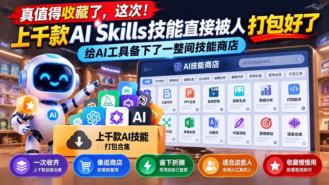 （21096期）真值得收藏了，这次！上千款AI Skills技能直接被人打包好了，给AI工具备下了一整间技能商店-韬哥副业项目资源网
