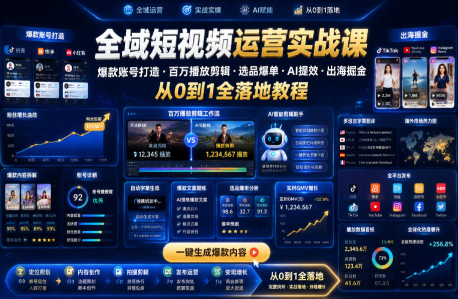 全域短视频运营实战课，爆款账号打造・百万播放剪辑・选品爆单・AI提效・出海掘金，从0到1全落地教程-韬哥副业项目资源网