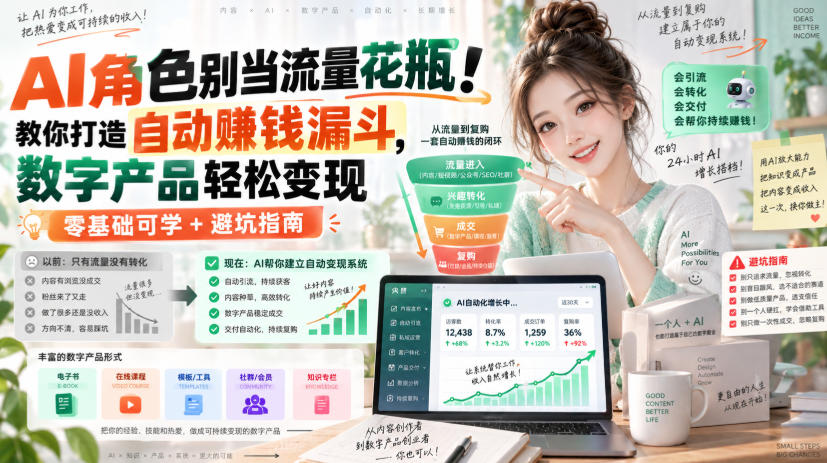 AI角色别当流量花瓶!教你打造自动賺钱漏斗,数字产品轻松变现(零基础可学+避坑指南)【原创双语字幕】-韬哥副业项目资源网