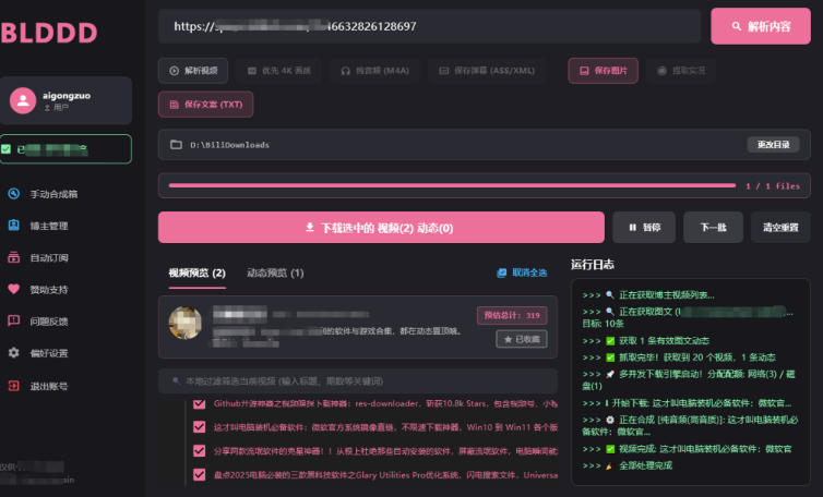 哔哩哔哩b站视频最新下载工具，支持合集下载，字幕、声音下载，BLDDD-韬哥副业项目资源网