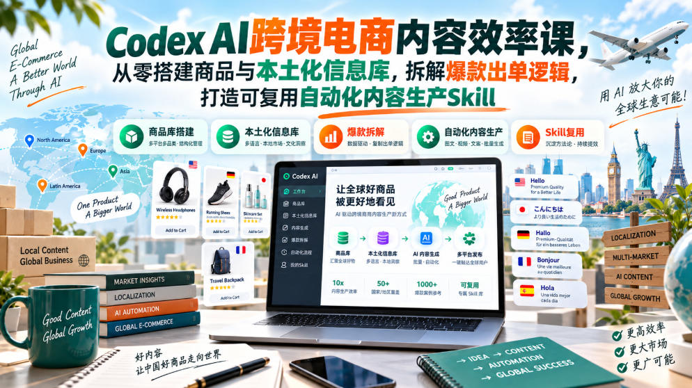Codex AI跨境电商内容效率课,从零搭建商品与本土化信息库,拆解爆款出单逻辑,打造可复用自动化内容生产Skill-韬哥副业项目资源网