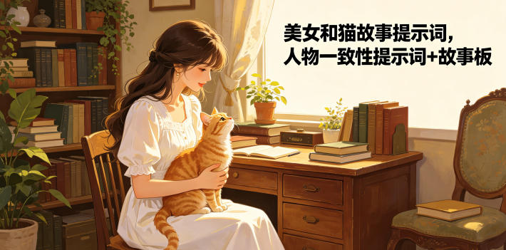 美女和猫故事提示词,人物一致性提示词+故事板