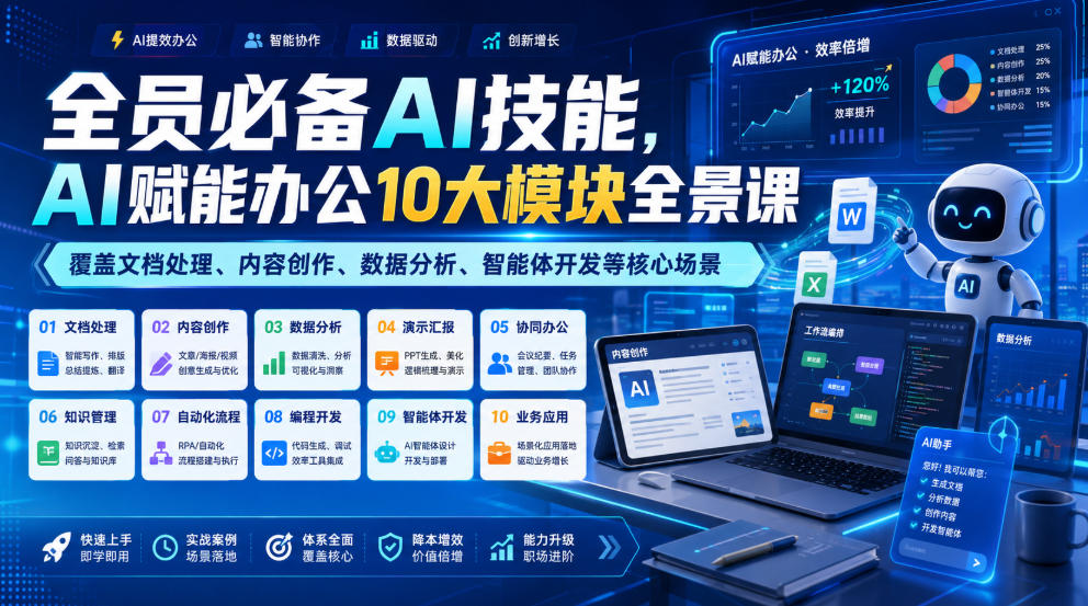 全员必备AI技能,AI赋能办公10大模块全景课,覆盖文档处理、内容创作、数据分析、智能体开发等核心场景-韬哥副业项目资源网