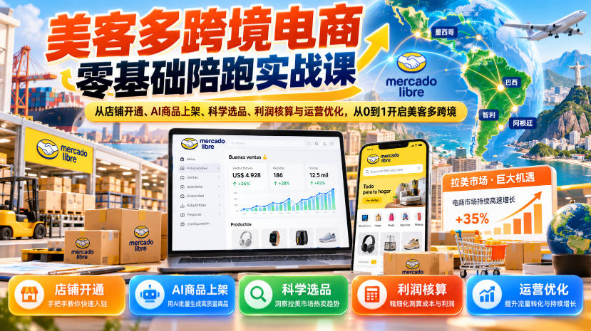 美客多跨境电商零基础陪跑实战课：从店铺开通、AI商品上架、科学选品、利润核算与运营优化，从0到1开启美客多跨境-韬哥副业项目资源网