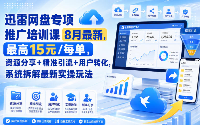 迅雷网盘专项推广培训课8月最新,最高15米/每单,资源分享+精准引流+用户转化,系统拆解最新实操玩法(更新0903)-韬哥副业项目资源网