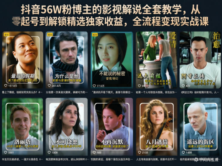 抖音56W粉博主的影视解说全套教学，从零起号到解锁精选独家收益，全流程变现实战课-韬哥副业项目资源网