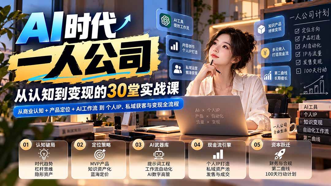 （20847期）【无水印】AI时代一人公司30堂实战课：从商业认知+产品定位+AI工作流到个人IP、私域获客与变现全流程-韬哥副业项目资源网