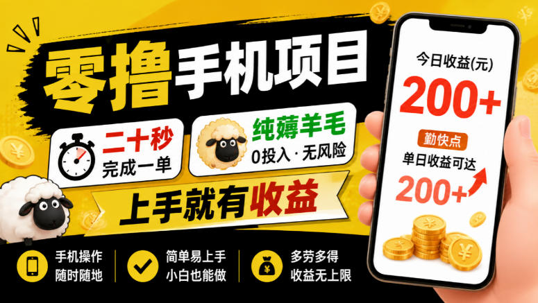 零撸手机项目,二十秒完成一单,纯薅羊毛,上手就有收益,勤快点单日收益可达200+【揭秘】-韬哥副业项目资源网
