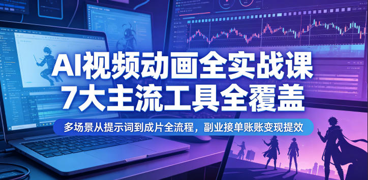 AI视频动画全实战课，7大主流工具全覆盖，多场景从提示词到成片全流程，副业接单账号变现提效-韬哥副业项目资源网