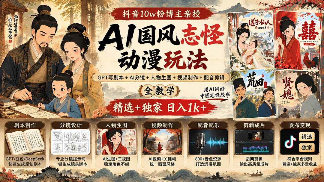 (20538期)抖音10w粉博主亲授AI国风志怪动漫玩法|GPT写剧本+AI分镜+人物生图+视频制作+配音剪辑全教学|精选+独家日入1k+ (20538期)抖音10w粉博主亲授AI国风志怪动漫玩法|GPT写剧本+AI分镜+人物生图+视频制作+配音剪辑全教学|精选+独家日入1k+