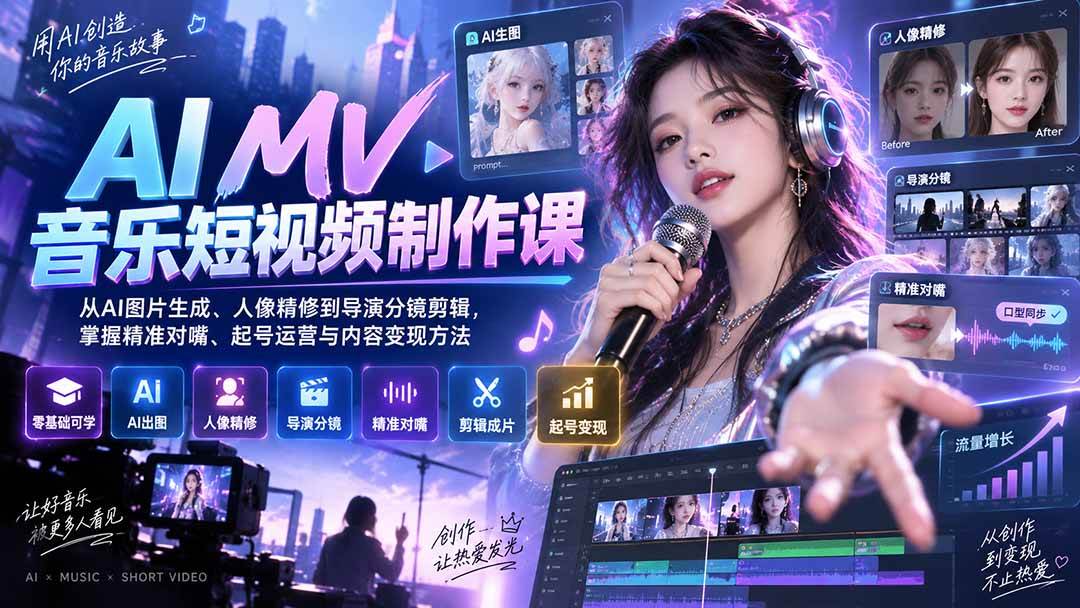 （20364期）AI MV音乐短视频制作课：从AI图片生成、人像精修到导演分镜剪辑，掌握精准对嘴、起号运营与内容变现方法-韬哥副业项目资源网