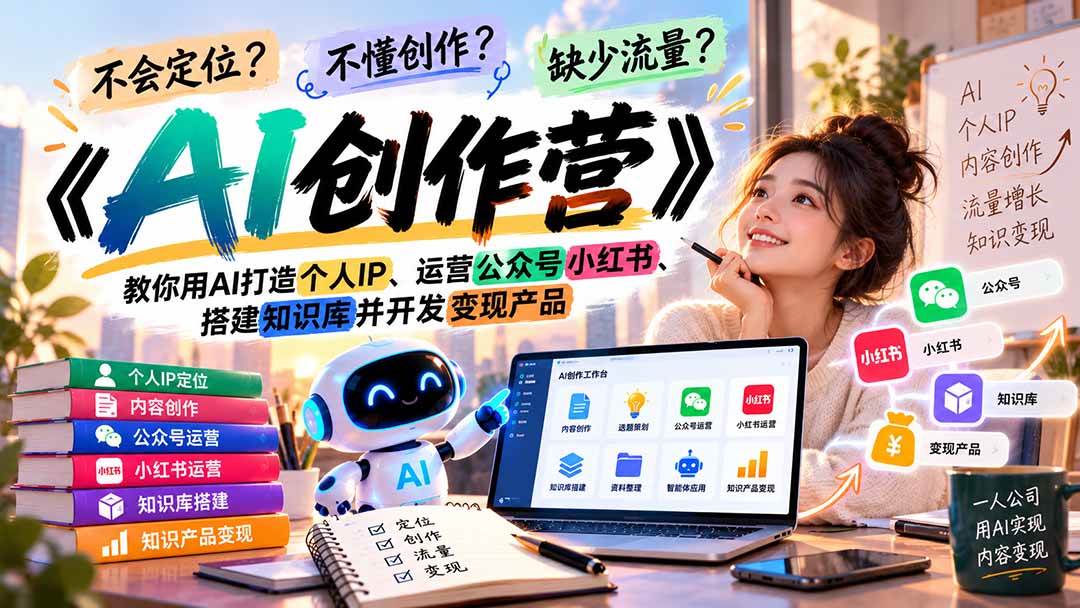 （21088期）不会定位、不懂创作、缺少流量？《AI创作营》教你用AI打造个人IP、运营公众号小红书、搭建知识库并开发变现产品-韬哥副业项目资源网