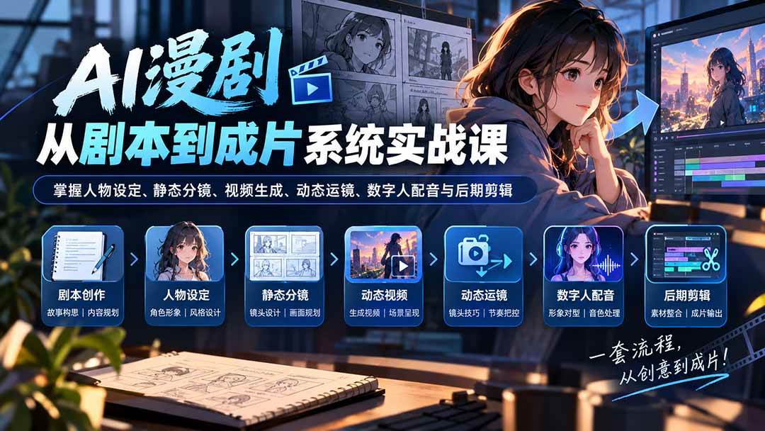 (20375期)AI漫剧从剧本到成片系统实战课:掌握人物设定、静态分镜、视频生成、动态运镜、数字人配音与后期剪辑-韬哥副业项目资源网
