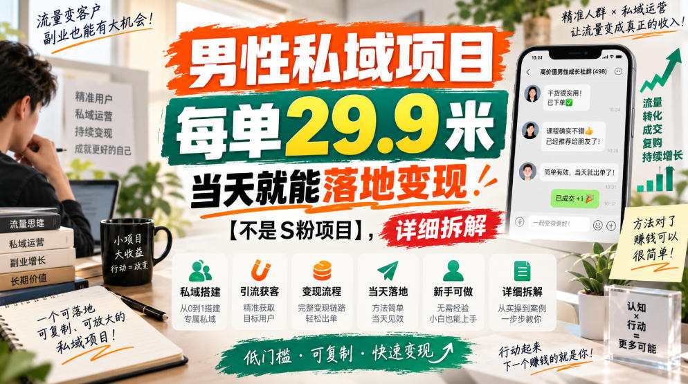 男性私域项目，每单29.9米，当天就能落地变现【不是S粉项目】，详细拆解-韬哥副业项目资源网