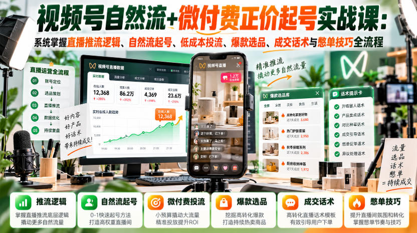 视频号自然流+微付费正价起号实战课:系统掌握直播推流逻辑、自然流起号、低成本投流、爆款选品、成交话术与憋单技巧全流程-韬哥副业项目资源网