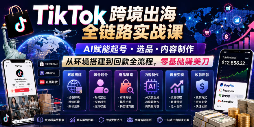 TikTok跨境出海全链路实战课，AI赋能起号・选品・内容制作，从环境搭建到回款全流程，零基础賺美刀-韬哥副业项目资源网