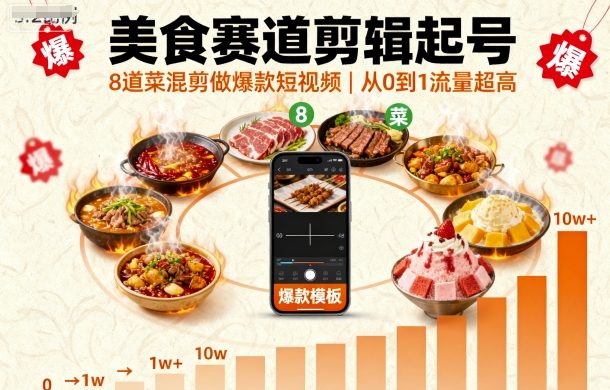 美食赛道剪辑起号，8道菜混剪做爆款短视频，从0到1，流量超高-韬哥副业项目资源网
