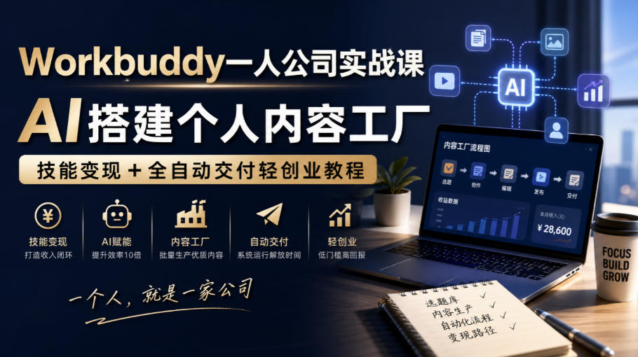 Workbuddy一人公司实战课，AI搭建个人内容工厂，技能变现+全自动交付轻创业教程-韬哥副业项目资源网