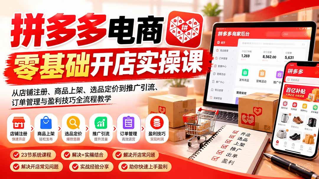 (21261期)拼多多电商零基础开店实操课:从店铺注册、商品上架、选品定价到推广引流、订单管理与盈利技巧全流程教学-韬哥副业项目资源网
