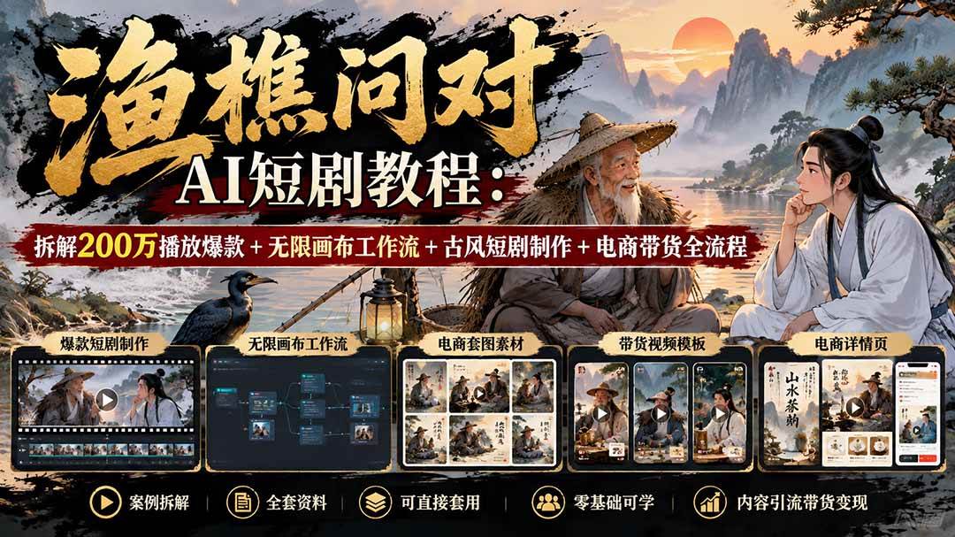 (20772期)【无水印】渔樵问对AI短剧教程:拆解200万播放爆款+无限画布工作流+古风短剧制作+电商带货全流程-韬哥副业项目资源网
