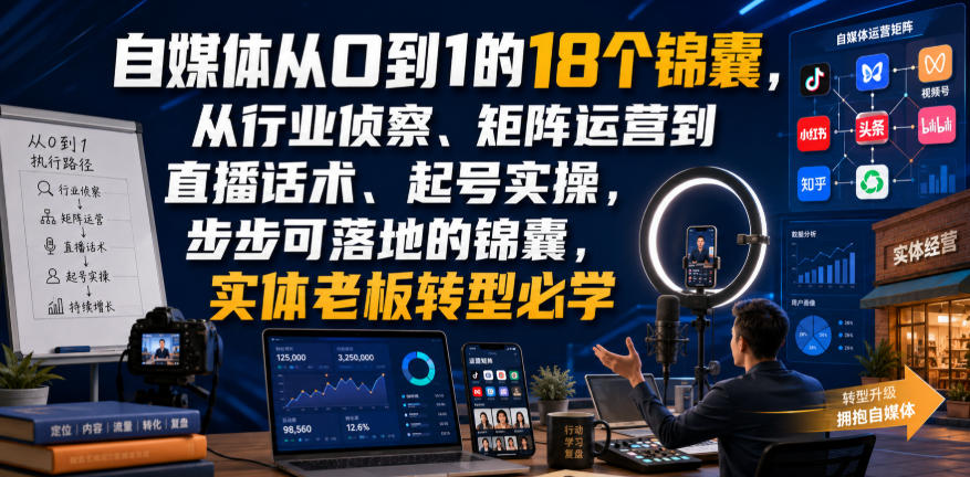 自媒体从0到1的18个锦囊，从行业侦察、矩阵运营到直播话术、起号实操，步步可落地的锦囊，实体老板转型必学-韬哥副业项目资源网