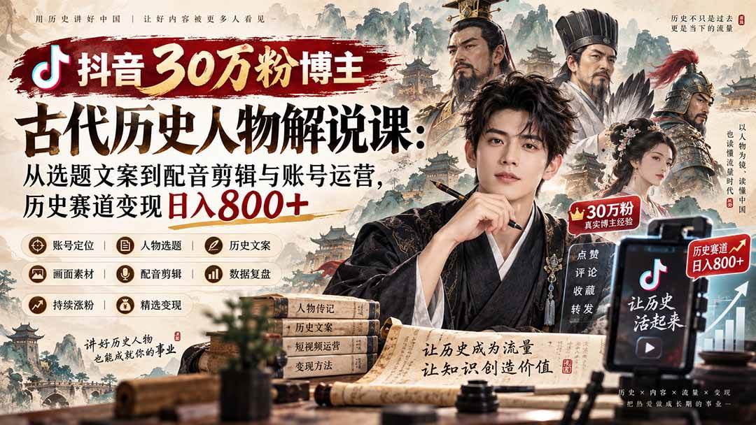 （20441期）抖音30万粉博主古代历史人物解说课：从选题文案到配音剪辑与账号运营，历史赛道变现日入800+-韬哥副业项目资源网
