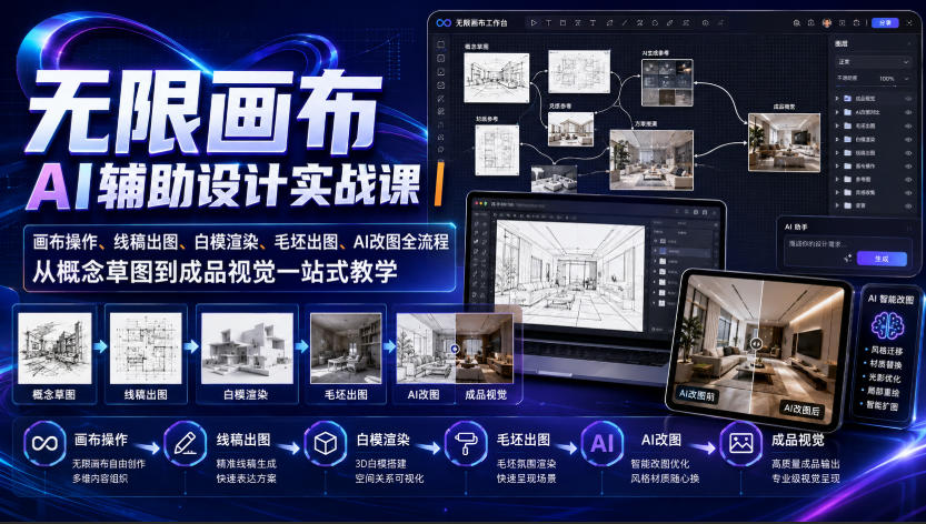 无限画布AI辅助设计实战课|画布操作、线稿出图、白模渲染、毛坯出图、AI改图全流程,从概念草图到成品视觉一站式教学-韬哥副业项目资源网