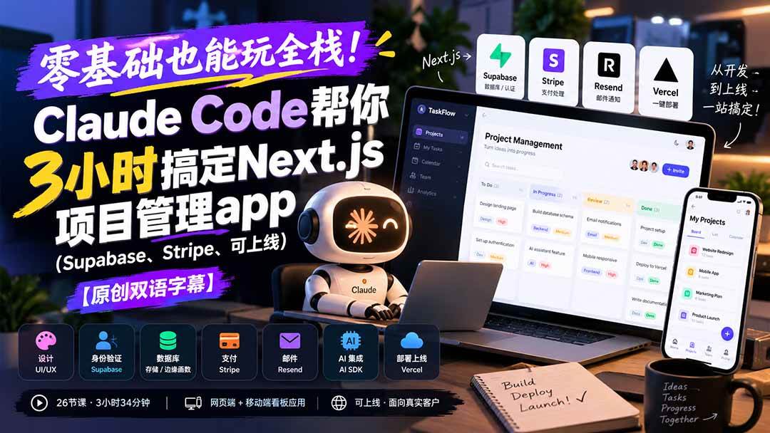 （20907期）零基础也能玩全栈！Claude Code帮你3小时搞定Next.js项目管理app（Supabase、Stripe、可上线）【原创双语字幕】-韬哥副业项目资源网