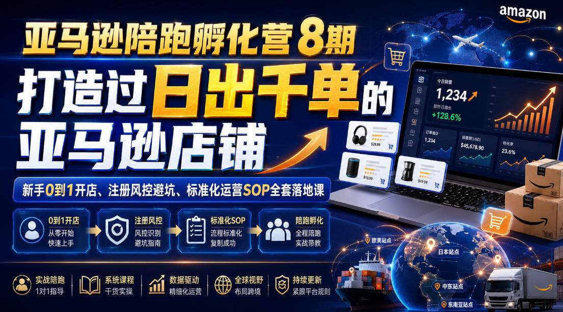 亚马逊陪跑孵化营8期，打造过日出千单的亚马逊店铺，新手0到1开店、注册风控避坑、标准化运营SOP全套落地课-韬哥副业项目资源网