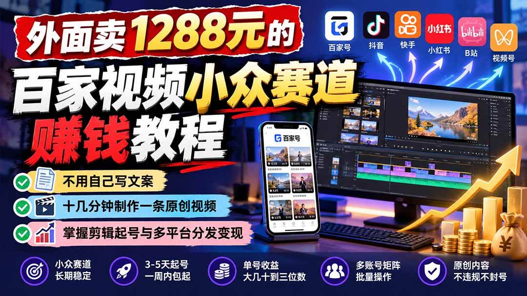 (21276期)外面卖1288元的百家视频小众赛道赚钱教程:不用自己写文案,十几分钟制作一条原创视频,掌握剪辑起号与多平台分发 (21276期)外面卖1288元的百家视频小众赛道赚钱教程:不用自己写文案,十几分钟制作一条原创视频,掌握剪辑起号与多平台分发
