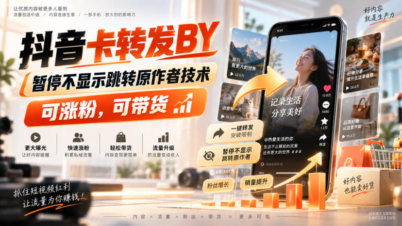 抖音卡转发搬运,暂停不显示跳转原作者技术,可涨粉,可带货 抖音卡转发搬运,暂停不显示跳转原作者技术,可涨粉,可带货