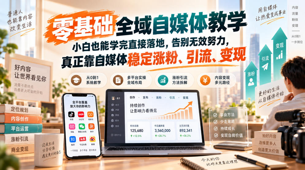 零基础全域自媒体教学，小白也能学完直接落地，告别无效努力，真正靠自媒体稳定涨粉、引流、变现-韬哥副业项目资源网