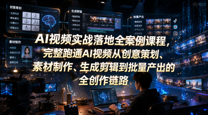AI视频实战落地全案例课程,完整跑通AI视频从创意策划、素材制作、生成剪辑到批量产出的全创作链路-韬哥副业项目资源网