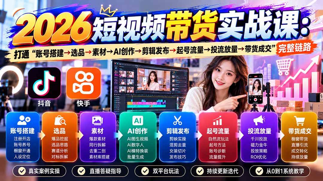 （20731期）2026短视频带货实战课9月：打通“账号搭建→选品→素材→AI创作→剪辑发布→起号流量→投流放量→带货成交”完整链路-韬哥副业项目资源网