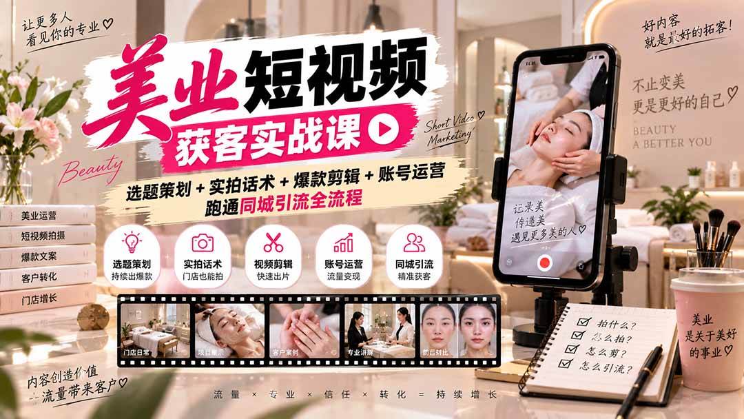 （20586期）美业短视频获客实战课-无水印：选题策划+实拍话术+爆款剪辑+账号运营，跑通同城引流全流程-韬哥副业项目资源网