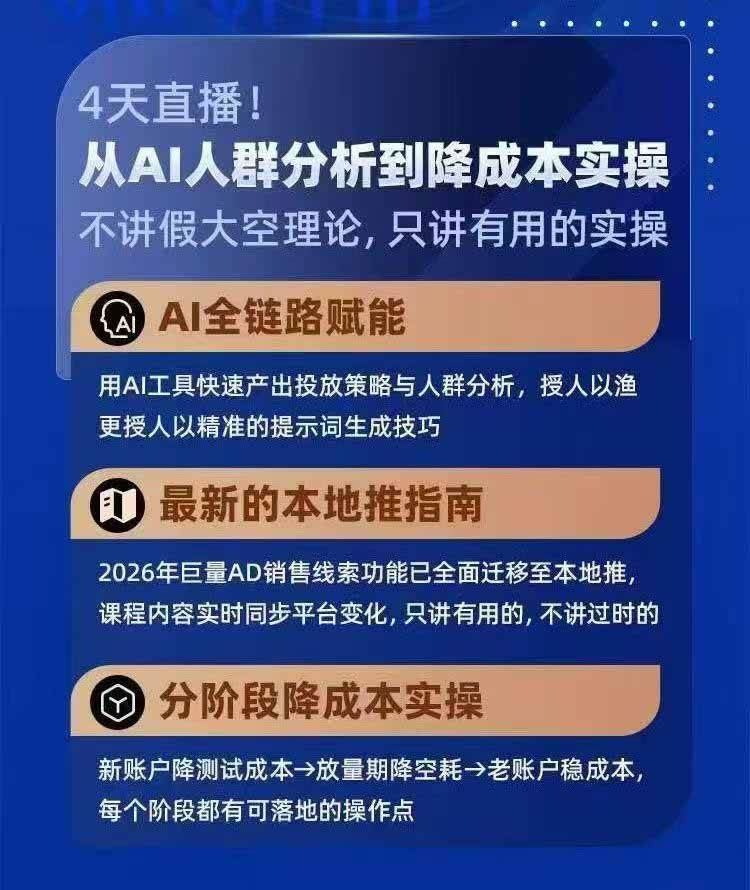 （21003期）2026巨量AD本地推线索获客全流程实战课-33期：AI人群分析、账户搭建、7天测试、分阶段降本与投放优化-韬哥副业项目资源网