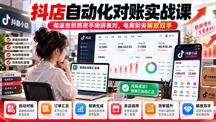 抖店自动化对账实战课，彻底告别熬夜手动拼表对，账电商财务解放双手-韬哥副业项目资源网