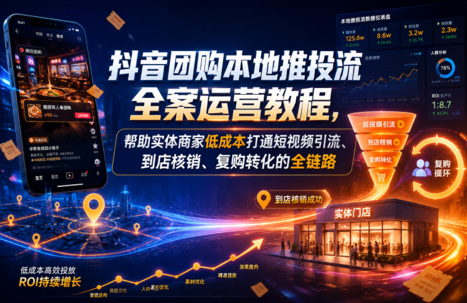 抖音团购本地推投流全案运营教程，帮助实体商家低成本打通短视频引流、到店核销、复购转化的全链路-韬哥副业项目资源网